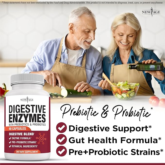 NEW AGE Digestive Enzymes for Gut Health - Probiotic Multi Enzymes with Prebiotics and Probiotics with Lipase for Women and Men for Digestive Health Daily Enzymes for Digestion - 120 Count