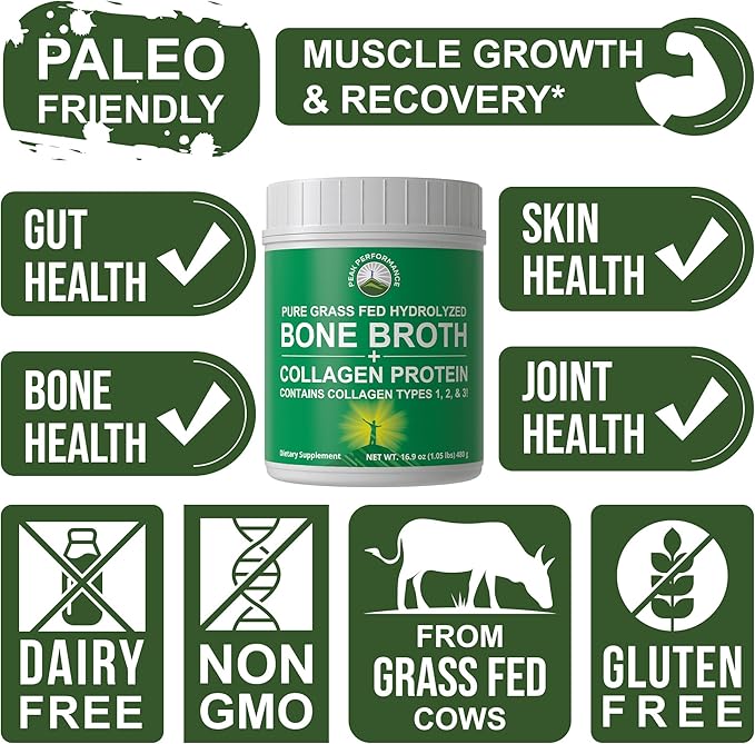 Peak Performance Hydrolyzed Bone Broth + Collagen Unflavored Protein Peptides Powder - Contains All Collagen Types: 1 2 and 3 - Pure Pasture Raised Grass Fed Paleo Friendly Gluten + Dairy Free