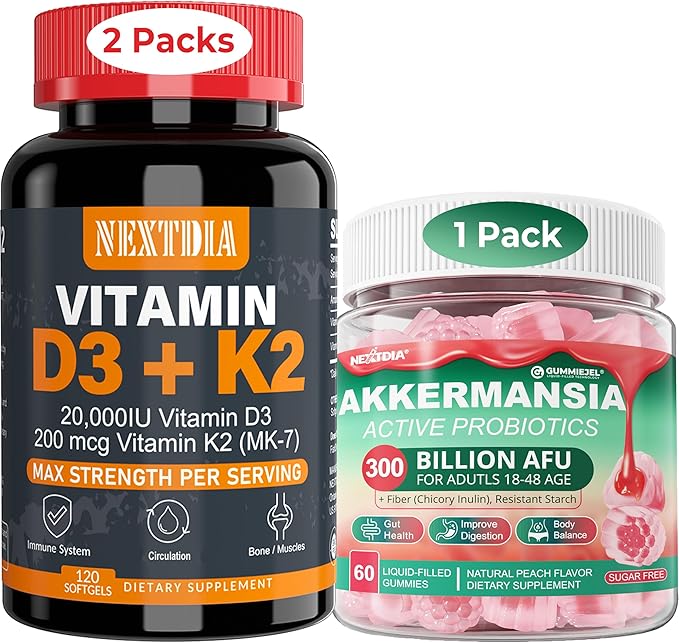 Vitamin D3 20000 IU + K2(MK7) 200mcg Softgels + Akkermansia Probiotics Gummies with Prebiotics Fiber