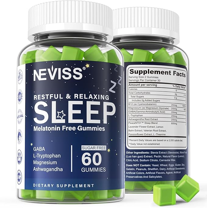 NEVISS Melatonin Free Sleep Aid Gummies for Adults - Magnesium Glycinate Gummies | GABA L-Tryptophan Magnesium Ashwagandha - Non-Habit Forming Help for Deep Relaxation - Vegan Lemon Flavor 1Pack