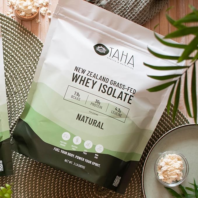 Taha Health &amp Nutrition Natural Unflavored Whey Protein Isolate 30g Protein 7.9g BCAAs 4.3g Leucine | New Zealand Grass-Fed Free-Range Dairy | Gluten &amp Soy Free Keto Kosher | 2LB ~26 Se