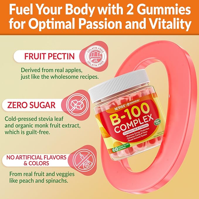 Super Vitamin B Complex Gummies - All B Vitamins Including Methyl B12 B1 B2 B3 B5 B6 Biotin Methylfolate with Vitamin C Choline Inositol PABA for Energy Brain &amp Immune Support Sugar Fr