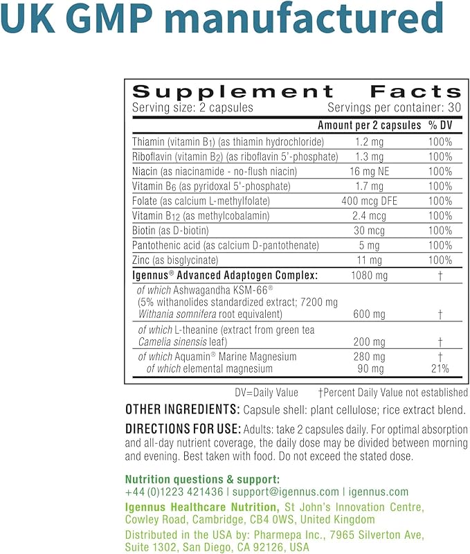 Igennus High Strength Ashwagandha Magnesium &amp L-Theanine Stress Relief Complex KSM-66 Root Extract Adaptogens Boosted with Methylfolate Zinc &amp Biotin Clean Label 60 Fast Acting Capsules