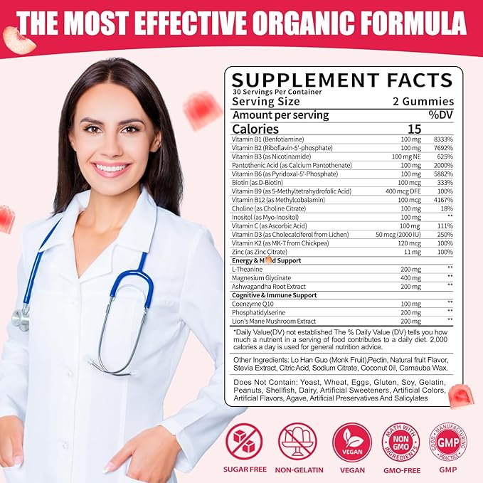 Organic Vitamin B-100 Complex Gummies: Chewable B Complex Supplement with All B Vitamins B1 B2 B3 B5 B6 B7 B9 B12 Plus D3 Zinc Ashwagandha - Energy Support for Work Women Men Vegan(120Count)