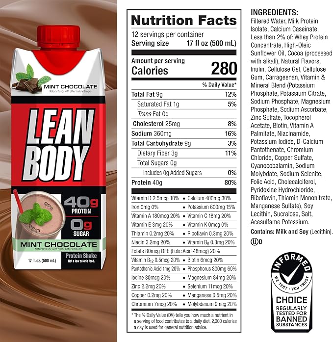 Labrada Lean Body Ready-to-Drink Mint Chocolate Protein Shake 40g Protein Whey Blend 0 Sugar Gluten Free 22 Vitamins &amp Minerals (Recyclable Carton &amp Lid - Pack of 12) LABRADA