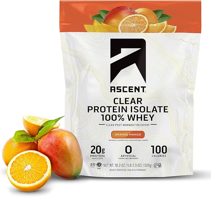 Ascent 100% Clear Whey Protein Powder - Post Workout Zero Artificial Flavors &amp Sweeteners Gluten Free 5.5g BCAA 2.1g Leucine Essential Amino Acids Orange Mango 20 Servings
