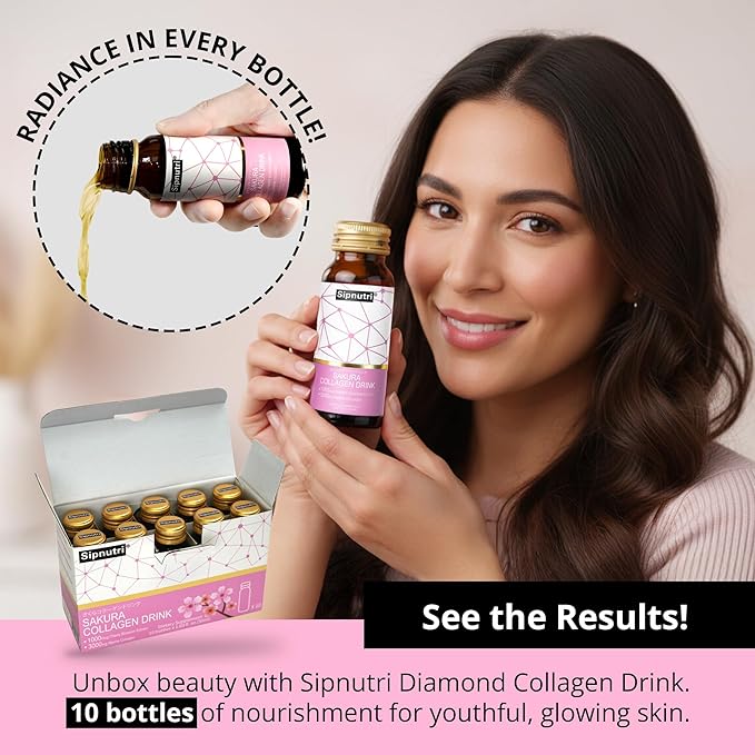 Sakura Collagen Drink - 3000mg Marine Peptides Liquid Shot for Women and Men Hydrolyzed with Cherry Blossom &amp Mangosteen Extract Supports Skin Hydration Hair &amp Nail Health – 1.69 fl oz x10