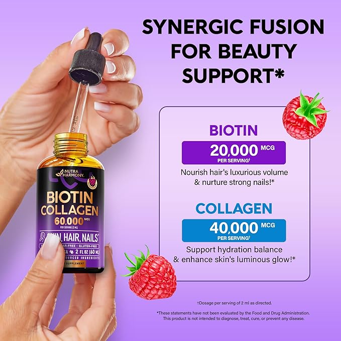 Liquid Biotin &amp Collagen 60000 mcg - Vitamins for Hair Growth Support - Extra Strength Drops for Women &amp Men - Liquid Collagen Supplement - Strong Nails &amp Healthy Skin - Made in USA - 2 F