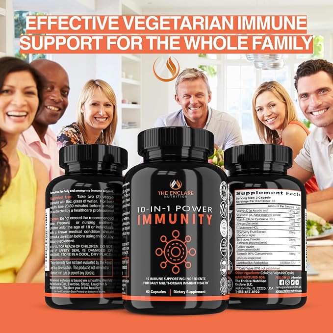 THE ENCLARE NUTRITION Immune Support Vitamins with Vitamin C Elderberry Zinc Echinacea Turmeric Curcumin Garlic. 10in1 Immunity Defense Supplement Booster for Adults. Veg Capsules 60ct (3)
