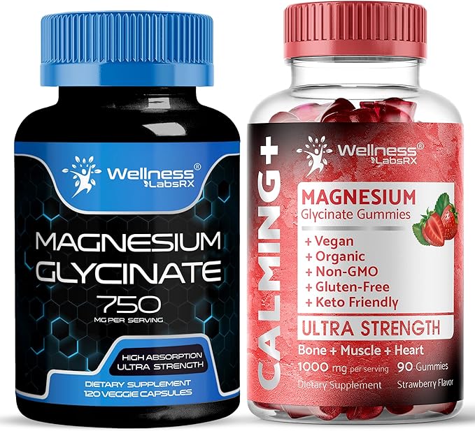 WELLNESS LABSRX Magnesium Glycinate Capsules 750mg - Magnesium Glycinate Gummies 1000mg | Bundle