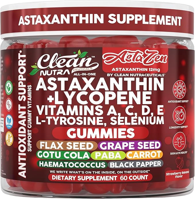 Clean Nutra AstaZen Astaxanthin Complex Gummies 12mg w/Lycopene Pure Vitamin A C D E L-Tyrosine Selenium – Premium Berry Banana Eye Skin Immune Support Supplement 60 Count