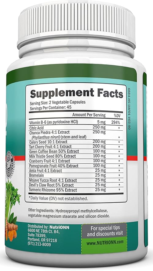 Uric Acid Flush - Herbal Uric Acid Cleanse Supplement - With Tart Cherry Celery Seed Extract Chanca Piedra Devil’s Claw &amp Green Coffee Bean - Vegan - Supports Gallbladder and Kidney Health