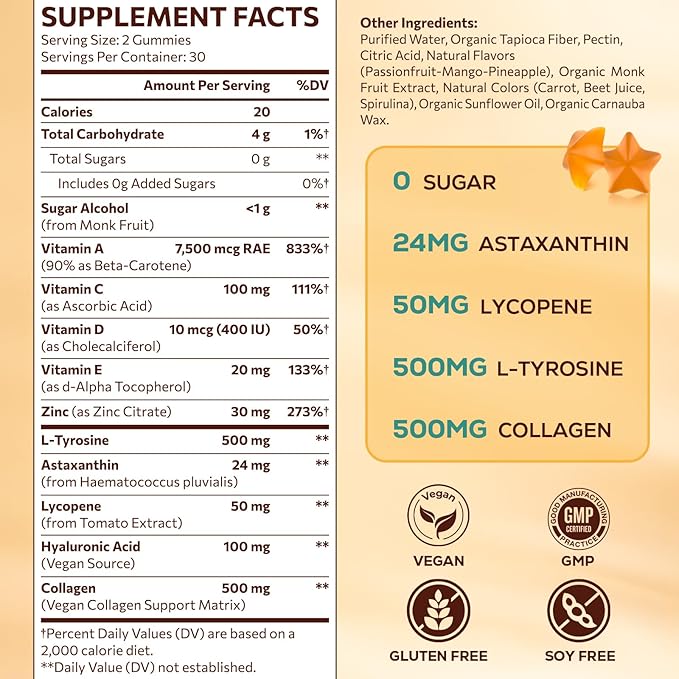 Tanning Gummies with Astaxanthin for Women and Men | Sunless Tanning Supplement with Beta Carotene Lycopene Collagen &amp Vitamins | Skin Radiance &amp Hydration | Vegan &amp Sugar Free - 120 Cou
