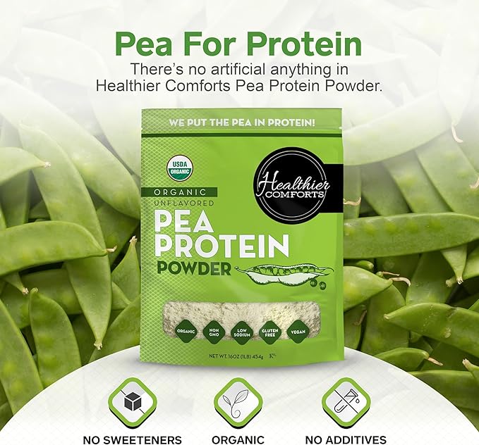 Healthier Comforts Organic Unflavored Pea Protein Powder - Low Sodium (1 lb.) | USA Grown and Processed | 100% Plant Based Protein | Kosher Gluten Free Non-GMO Keto Friendly (16oz)
