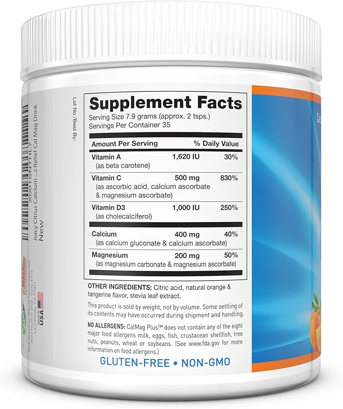 Calcium Magnesium Powder Supplement - CalMag Plus with Vitamin C &amp D3 - Gluten Free Non GMO Orange Tangerine Flavor - Cal Mag Drink - Calcium Supplement with Magnesium for Natural Calm
