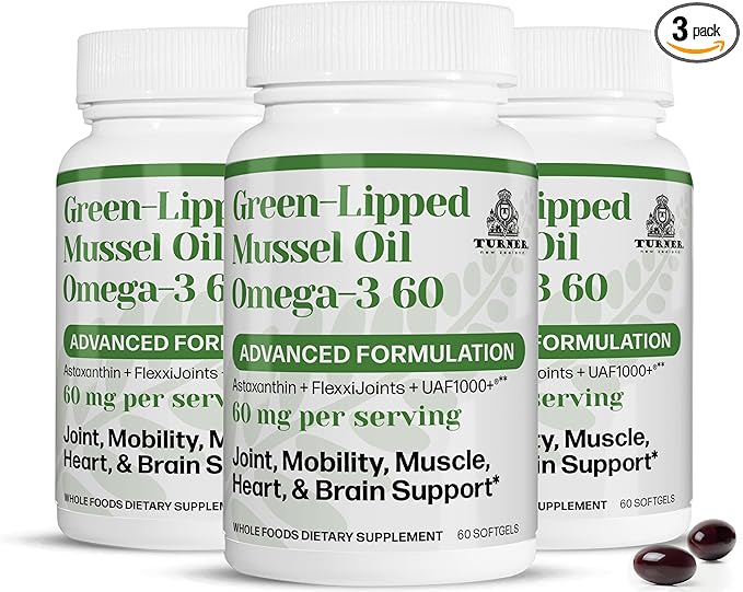 TURNER New Zealand Green Lipped Omega-3 Mussel Oil 53x Higher Potency with UAF1000+ Super Antioxidant. No Fishy Aftertaste 3 Bottles 180 Softgels