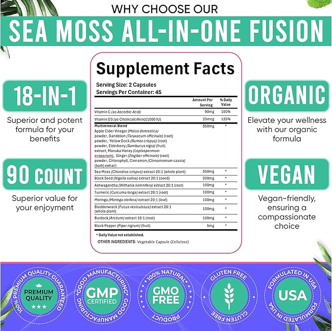 Adndale Sea Moss Capsules - Sea Moss Blend with Ashwagandha Turmeric &amp Black Seed Oil - 90 Count