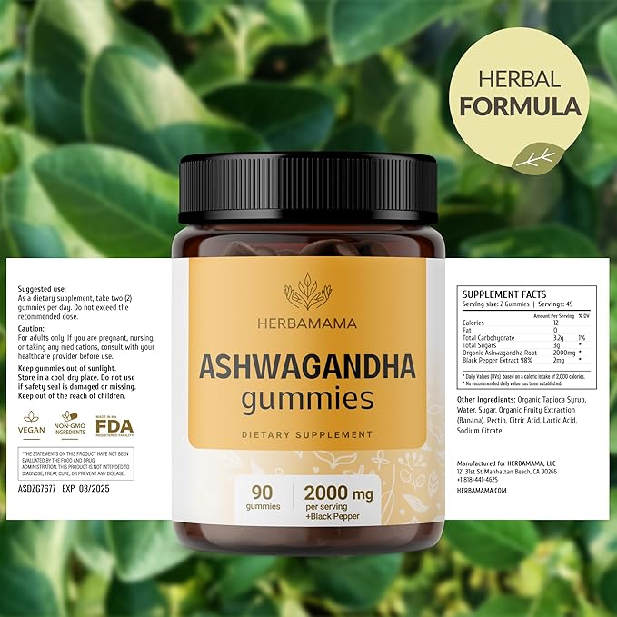 HERBAMAMA Ashwagandha Gummies - 2000mg Pure Ashwagandha Root with Black Pepper for Calm &amp Mood Support - Vegan Non-GMO Calming Supplements for Adults - 90 Pectin-Based Banana-Flavored Chews