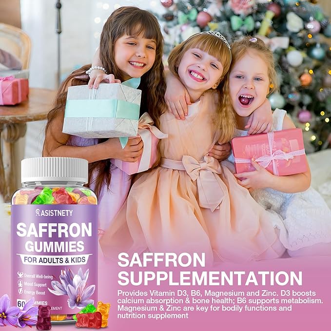 Saffron Gummies for Kids &amp Adults 88.5mg Saffron Extract Cαlm Focus &amp Mood Support Saffron Supplement with L-Theanine St.John's Wort Lemon Balm Magnesium Gentle Nerve &amp Rest Support