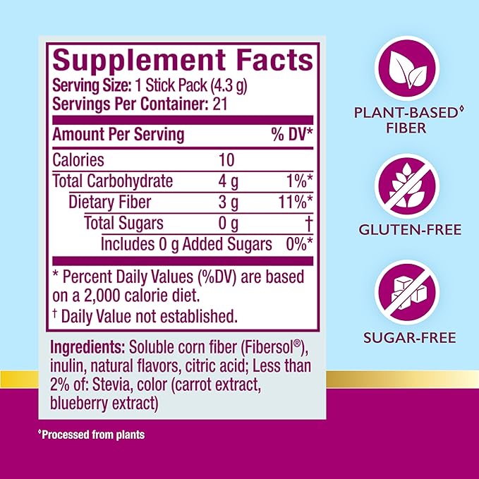 Metamucil Fiber Supplement Clear Mixing Fiber Powder Stick Packs Mixed Berry Flavor On The go Plant Based Prebiotic Fiber Supplement Blend for Daily Digestive Health 21 Stick Packs