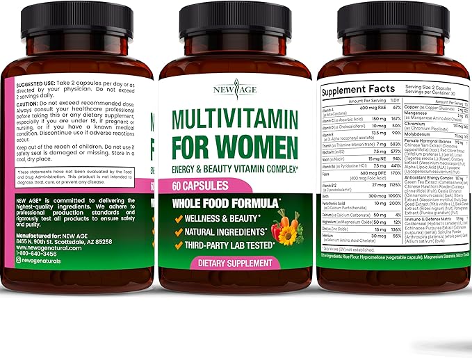 NEW AGE Multivitamin for Women - B-Complex Whole Foods Hair Support Iron - All in1 Womens Multivitamin - Bioavailable &amp Gentle on Stomach - Made in USA - 120 Count