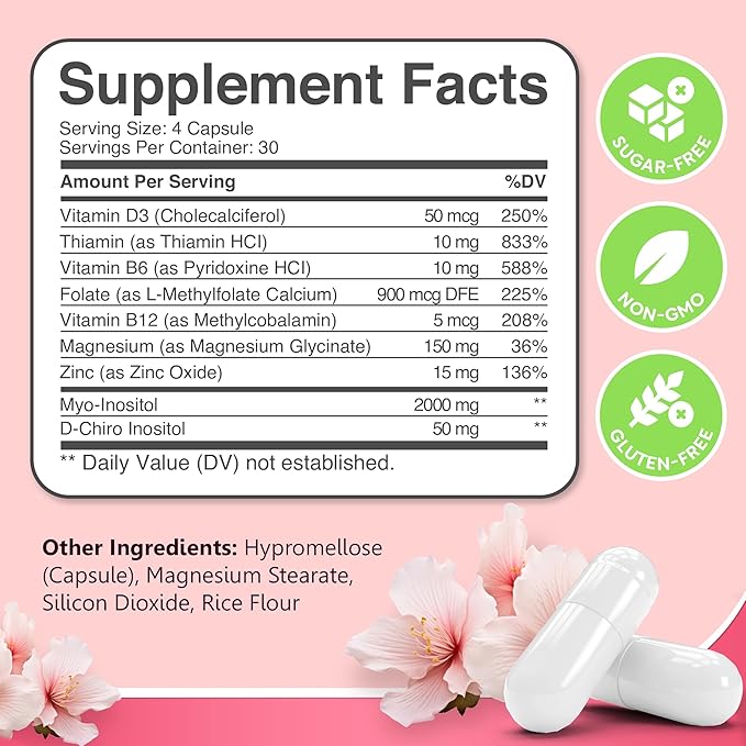 Myo-Inositol &amp D-Chiro Inositol Supplement for Women - 40:1 Ratio Inositol Capsules with Folate Vitamin D3 Magnesium &amp Zinc - Ovarian Support Inositol Multivitamin - 2050mg 120 Count
