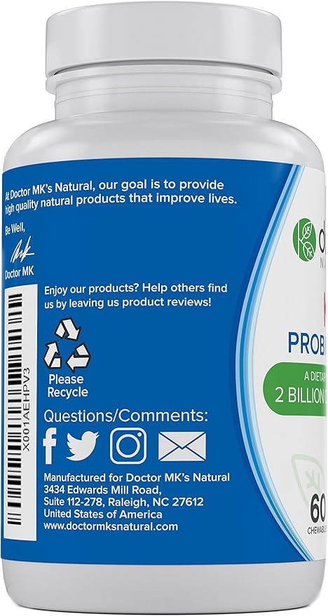 Kids Probiotics Chewable by Doctor MK's® Sugar Free Tastes Like Candy Natural Wild Berry Tablets Vegetarian/Vegan
