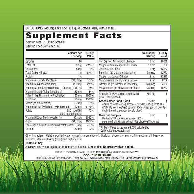 Irwin Naturals Only One Liquid-Gel Multi - 60 Softgels - One-Per-Day Multivitamin with Iron Omega-3 Oils Antioxidants &amp Green Super Foods