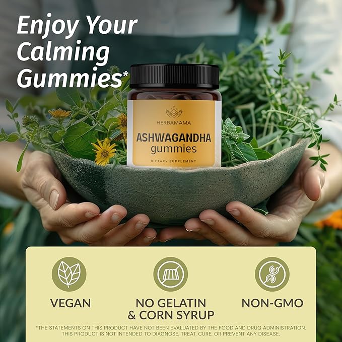 HERBAMAMA Ashwagandha Gummies - 2000mg Pure Ashwagandha Root with Black Pepper for Calm &amp Mood Support - Vegan Non-GMO Calming Supplements for Adults - 90 Pectin-Based Banana-Flavored Chews