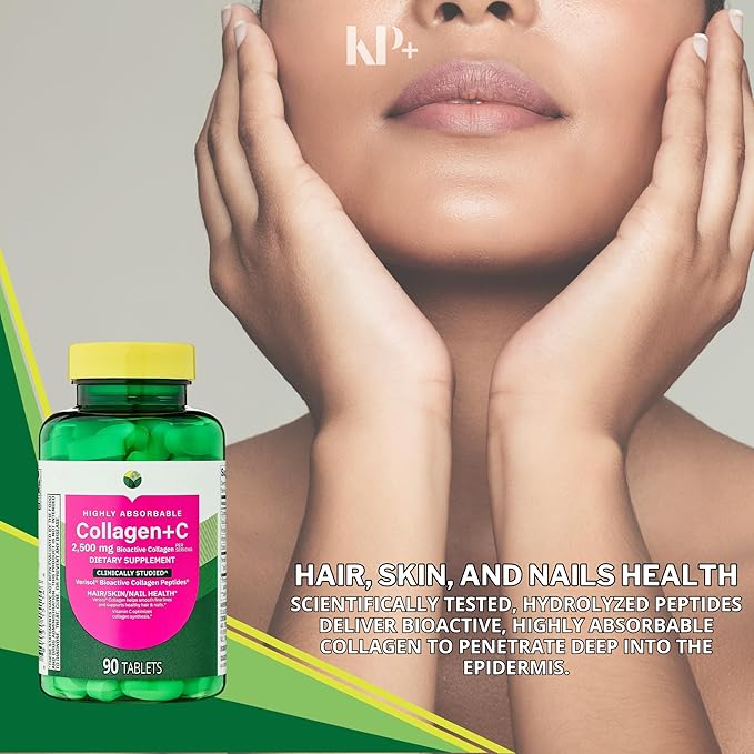 KP+ Collagen | Collagen + C 2500 mg | 90 Tablets | Supports Hair Skin &amp Nail Health | Bioactive Collagen Peptides + Vitamin C Supplement | Pack of 2