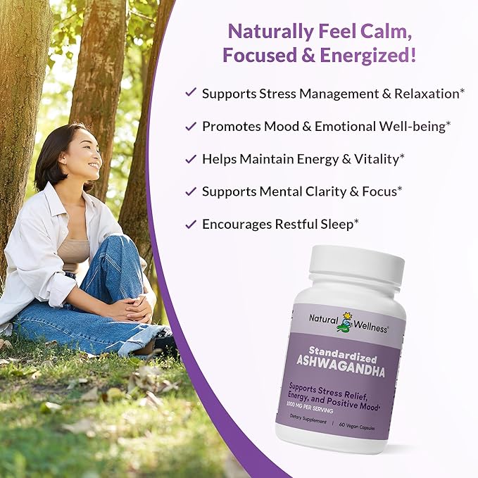 Natural Wellness Ashwagandha Root Extract 1000 mg – High Potency Stress Relief &amp Mood Support – Promotes Relaxation Sleep &amp Energy Balance – Standardized to 7% – 60 Vegan Capsules (30 Day Sup