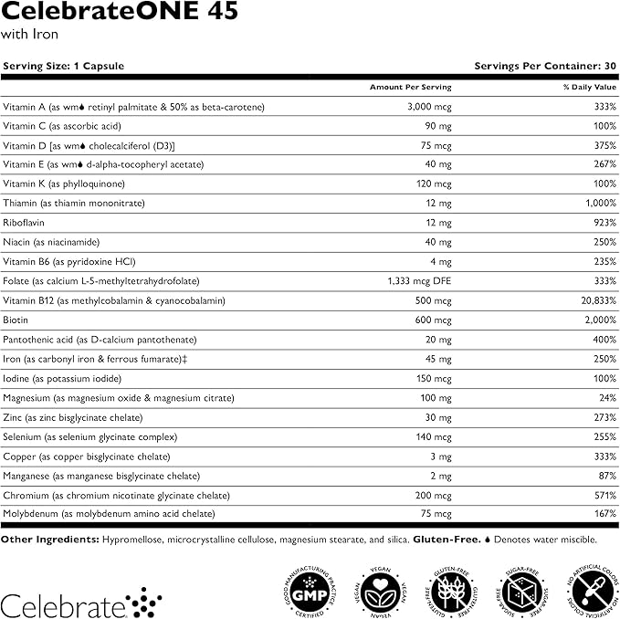 Celebrate Vitamins CelebrateONE 45 45mg Iron - Once Daily Bariatric Multivitamin Essential Vitamins &amp Minerals - Gastric Bypass &amp Sleeve Gastrectomy Supplement (90 Capsules)