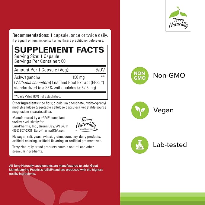Terry Naturally Ashwagandha EP35 Extra Strength - Herbal Supplement for Sleep Support - Aid Healthy Stress Response - Endurance &amp Energy Support - 60 Capsules (60 Servings)