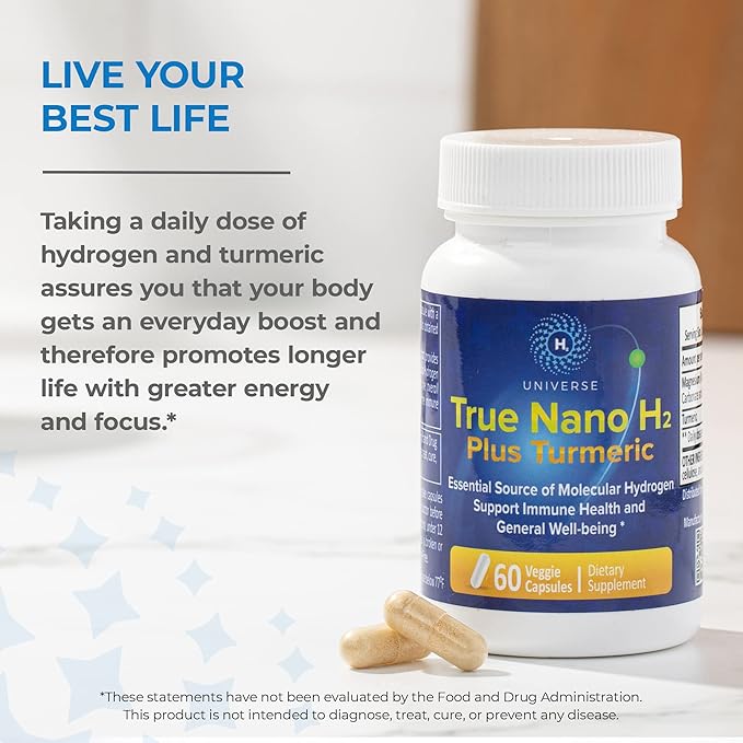 True Nano H2 with Turmeric by H2 Universe | Molecular Hydrogen with Active Hydrogen Nanobubbles Boosts Energy Powerful Antioxidant| 60 Capsules