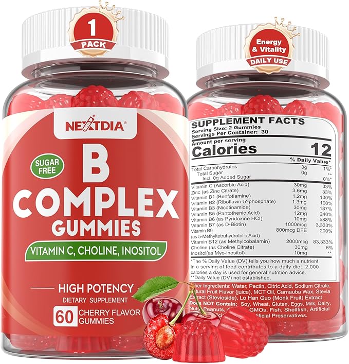 Vitamin B Complex Gummies Vegan Vitamin B Gummies with 2000 mcg Methyl B12 Methyl Folate | Plus Choline + Inositol Vitamin C + Zinc for Supports Energy Mood Immune Healthy Hair Skin - 60 Cts