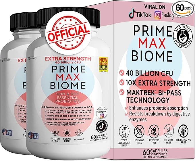 Prime Max Biome Probiotics 40 Billion CFU – Extra Strength Skin &amp Gut Support with MAKTrek® Bi-Pass Technology – 4 Strains + Prebiotics – Non-GMO Gluten-Free 60 Capsules (2)