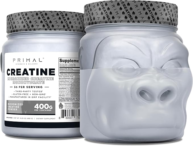 Primal Creatine Monohydrate Powder (400 Grams) | Unflavored Micronized Creatine Muscle Development Supplement for Pre-Workout &amp Recovery | 5g Creatine Monohydrate per Serving