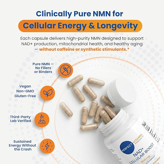 NAD+ Cellular Boost – 500mg NMN Supplement for NAD+ Support Cellular Energy Brain Clarity &amp Anti-Aging – Longevity &amp Recovery Support – 90 Vegan Capsules (30 Servings)