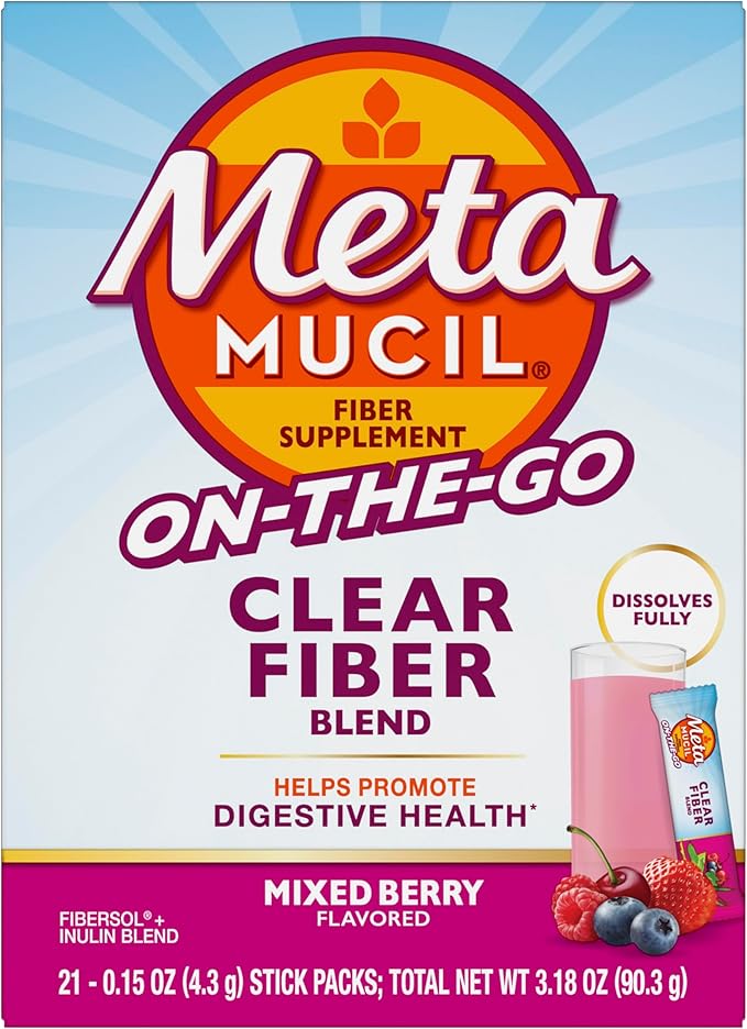 Metamucil Fiber Supplement Clear Mixing Fiber Powder Stick Packs Mixed Berry Flavor On The go Plant Based Prebiotic Fiber Supplement Blend for Daily Digestive Health 21 Stick Packs