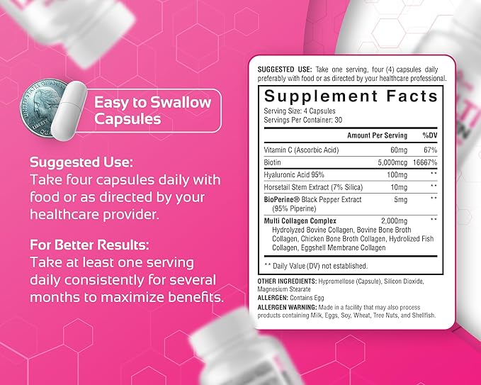 CogniTune Multi Collagen Peptides for Women with Biotin Hyaluronic Acid Vitamin C - 5 Types I II III V X Colageno Hidrolizado - 2000mg Hair Skin Nails Joints Support - 120 Capsules
