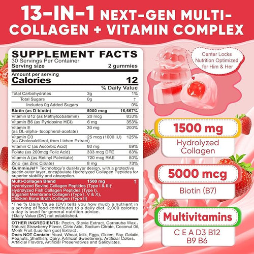 2Pack Sugar-Free Hydrolyzed Collagen Peptide Filled Gummies for Women &amp Men with 1500mg Protein Type IIIIIIVX 5000mcg Biotin Vitamin C A E D3 B6 B12 for Immune Digestion Skin Hair Nails Bon