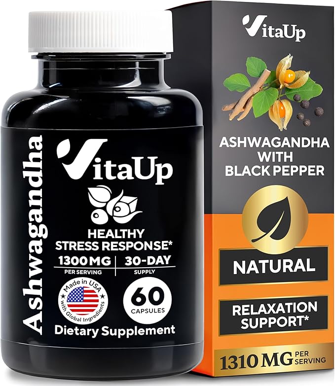 Ashwagandha Capsules 1310mg with Black Pepper - USA Made Ashwagandha Supplements for Relaxation Support Normal Cognitive Function &amp Balanced Energy Levels – 60 Caps