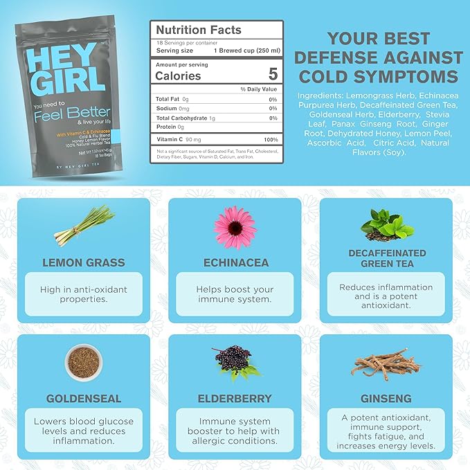 Hey Girl Sleep + Feel Better Tea Bundle - Sleep Tea w/Chamomile Valerian Root &amp Lemon Balm in Tea Bags + Feel Better Herbal Tea with Echinacea Elderberry Vitamin C
