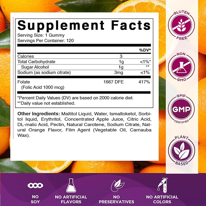Vitamatic Folic Acid Gummies 1000 mcg (1 mg) - an Essential Prenatal Vitamins for Mom &amp Baby - Vitamin B9-120 Vegan Gummies (2)
