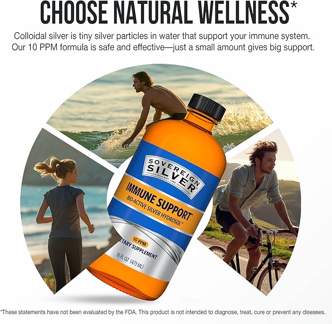 Sovereign Silver Immune Support - Colloidal Silver Bio-Active Silver Hydrosol 10 ppm Liquid Twist Top 16 Fl Oz (473 mL)