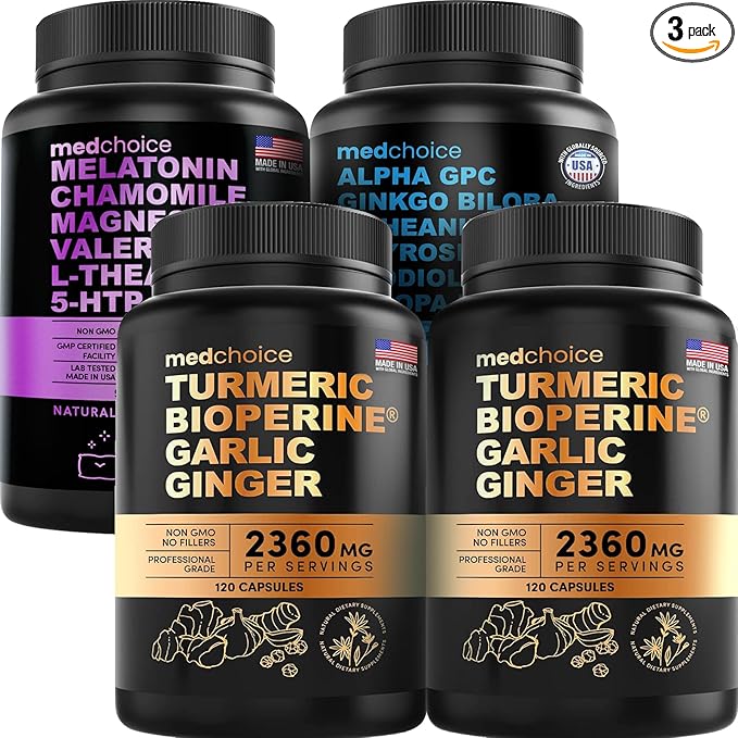MEDCHOICE Turmeric &amp Ginger (240ct) Sleep Melatonin (90ct) and Nootropic Brain (60ct) Supplement Bundle - Wellness Trio for Brain Sleep &amp Immune Support - Vegan Non-GMO Gluten-Free