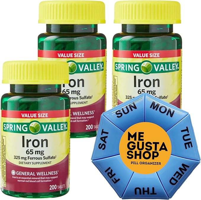 Spring Valley Iron Tablets Dietary Supplement Value Size 65 mg 200 Count Pack of 3 Total 600 Includes Pill Organizer