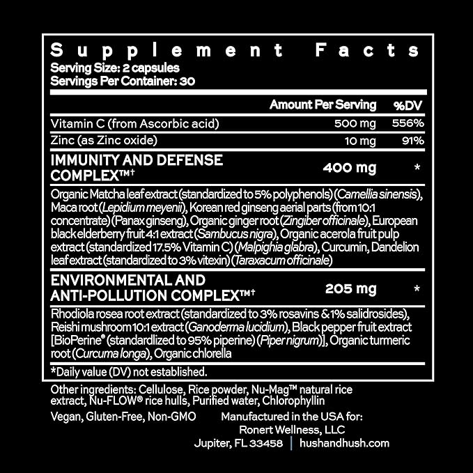 Hush &amp Hush ShieldUp - Immune Booster Energy Supplement - Brain Booster - Vitamin C Maca Root Turmeric and Organic Matcha Leaf Extract - Vegan Gluten Free - 60 Capsules