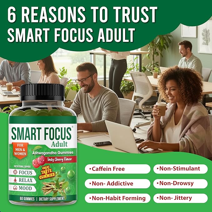 Ashwagandha Gummies for Focus Support - Organic Ashwagandha Supplement for Men &amp Women Brain &amp Memory Support Adaptogenic Calm Gummies with Ashwagandha Root - 60 Gummies