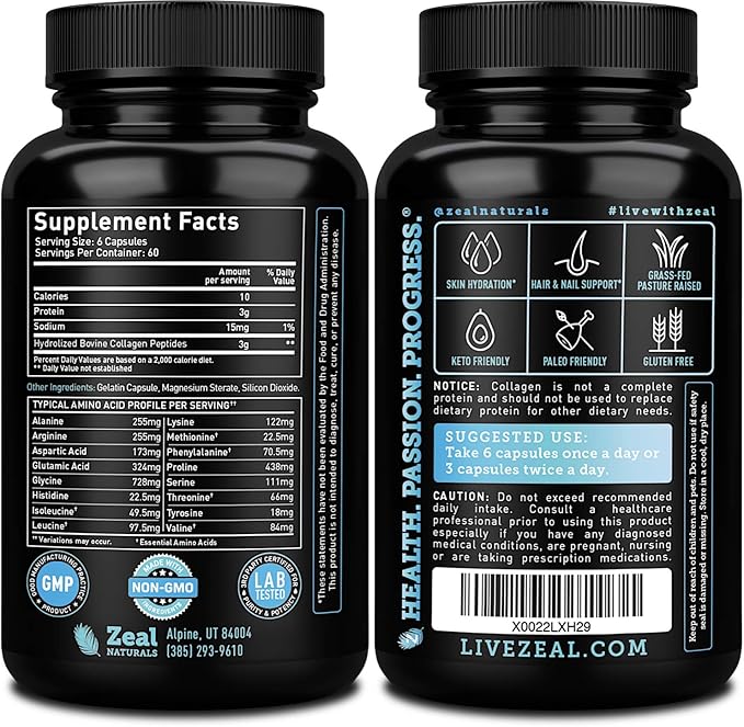Collagen Peptides Capsules 360 Count - Grass Fed Bovine Hydrolyzed Collagen Pills - Hair Skin &amp Nails Joint Support - Collagen Supplements for Women &amp Men